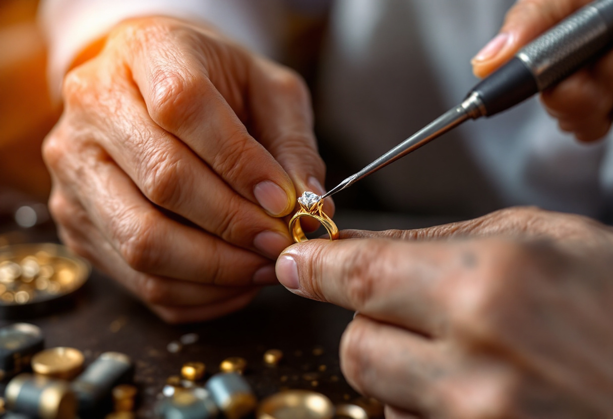 Bijoutier sertissant un diamant sur une alliance en or