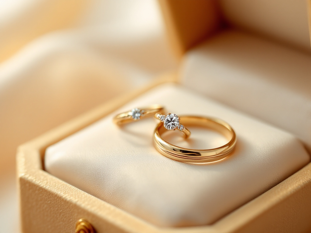 Deux alliances de mariage en or jaune et or blanc dans un écrin crème, dont un solitaire diamant