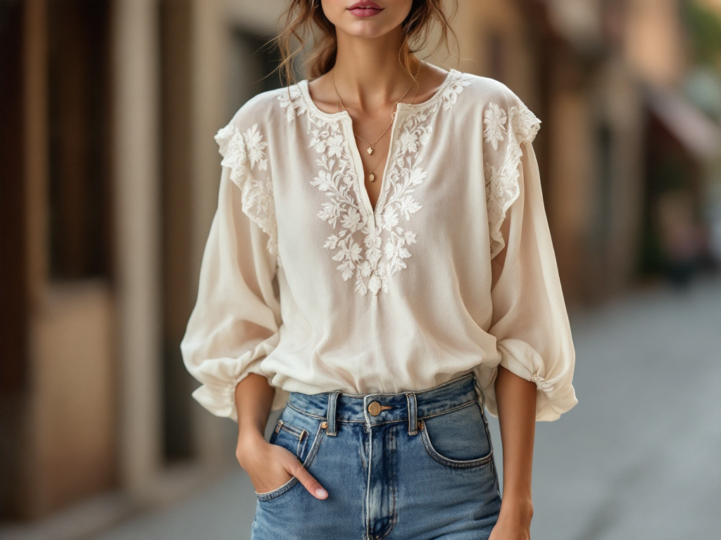 Femme portant une blouse boheme ivoire brodee rentree dans un jean taille haute, style boho chic