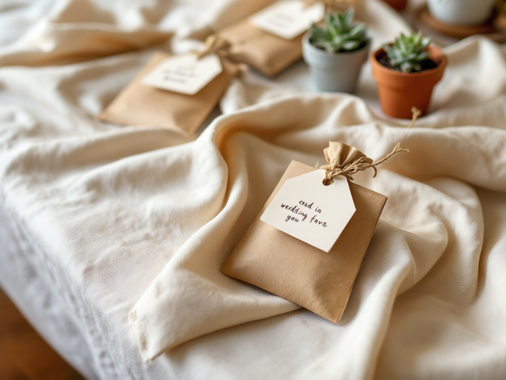 Cadeaux écoresponsables de mariage : sachets de graines en kraft et mini-succulentes avec étiquettes manuscrites