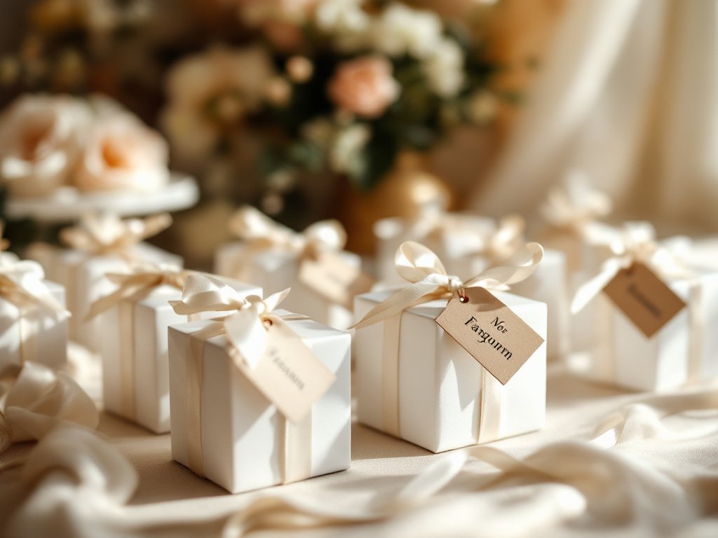 Cadeaux d'invités de mariage personnalisés : coffrets blancs noués de ruban satin et étiquettes kraft