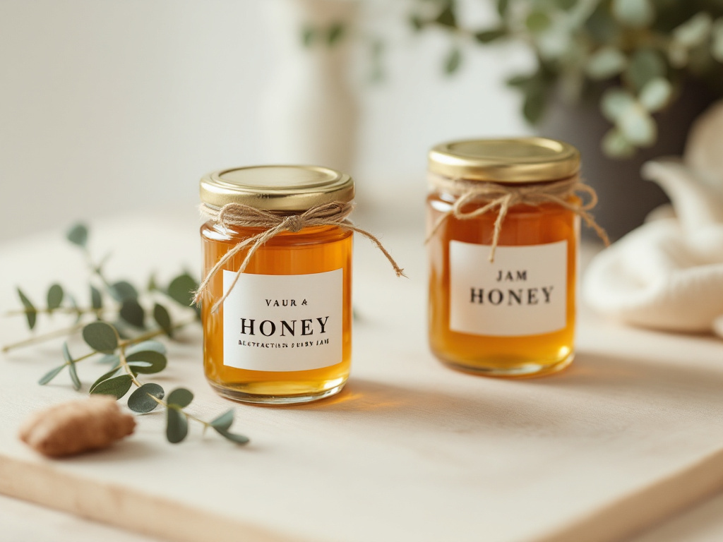 Cadeaux gourmands de mariage : petits pots de miel et de confiture avec étiquettes personnalisées et ficelle