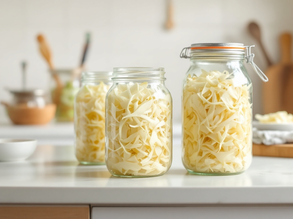 Bocaux en verre de chou en fermentation pour faire de la choucroute maison