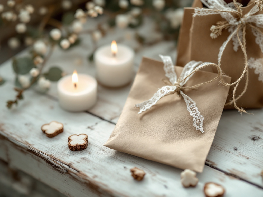 Cadeaux de communion faits maison : sachets en kraft noués de dentelle et de ficelle, mini-bougies