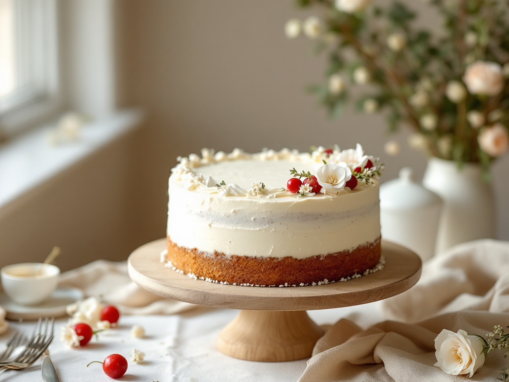 Gâteau de communion simple type naked cake sur support en bois, décoré de fleurs blanches et de baies