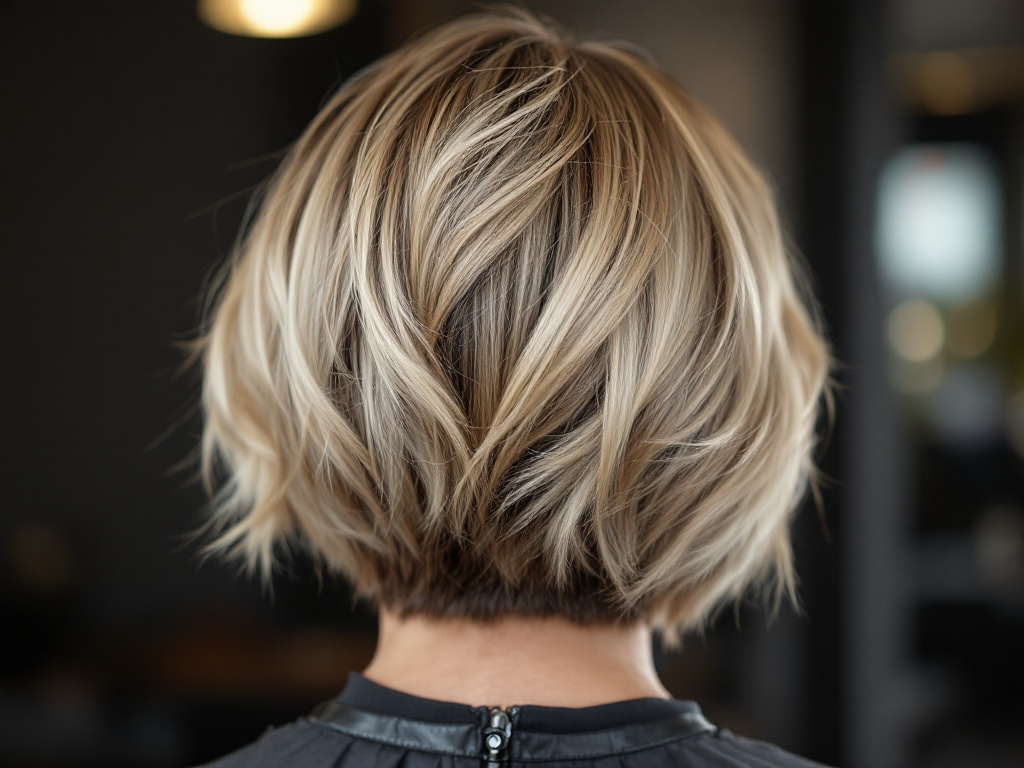Vue de dos d une coupe courte degradee blonde montrant les couches et la texture