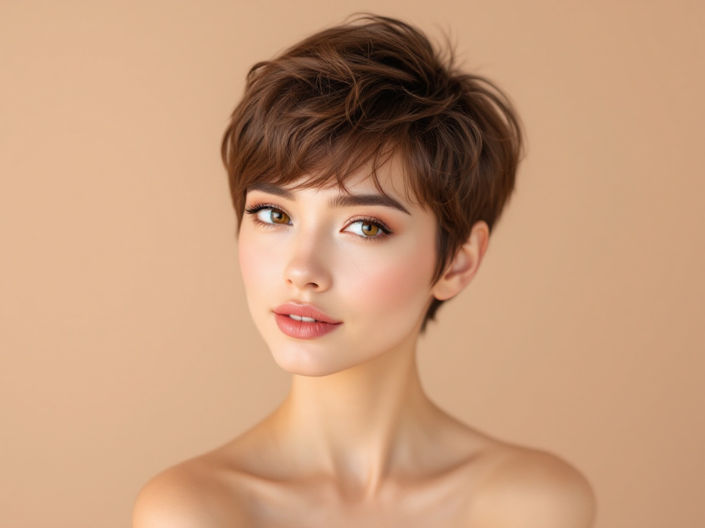 Femme avec une coupe courte degradee type pixie, cheveux chatains coiffes avec volume