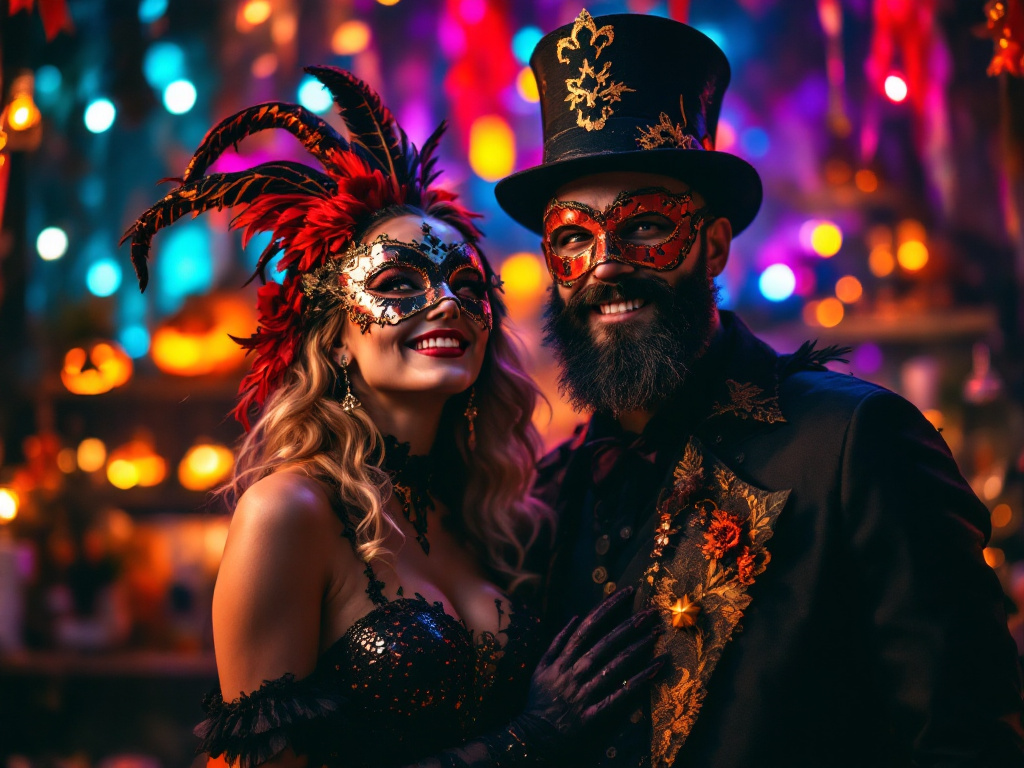 Couple en deguisement de fete : femme avec loup a plumes et homme avec haut-de-forme et masque, ambiance carnaval
