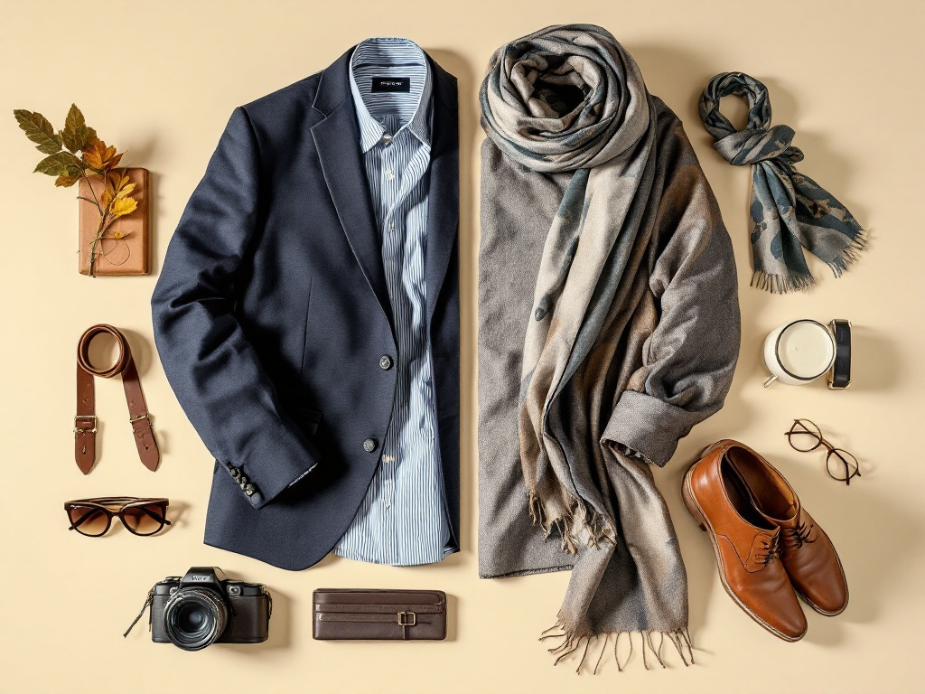 Comparaison mode masculine et féminine : blazer, chemise, accessoires homme et écharpe, montre femme en flat lay