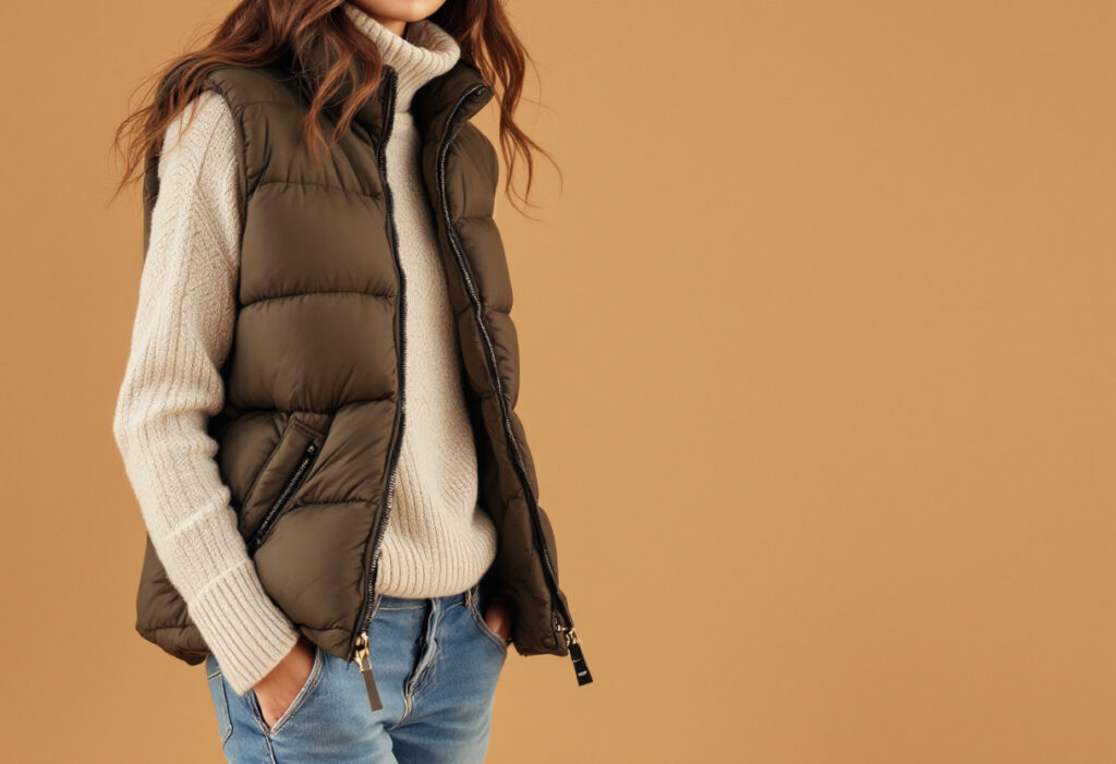 Doudoune sans manche portee sur un gros pull en maille et un jean