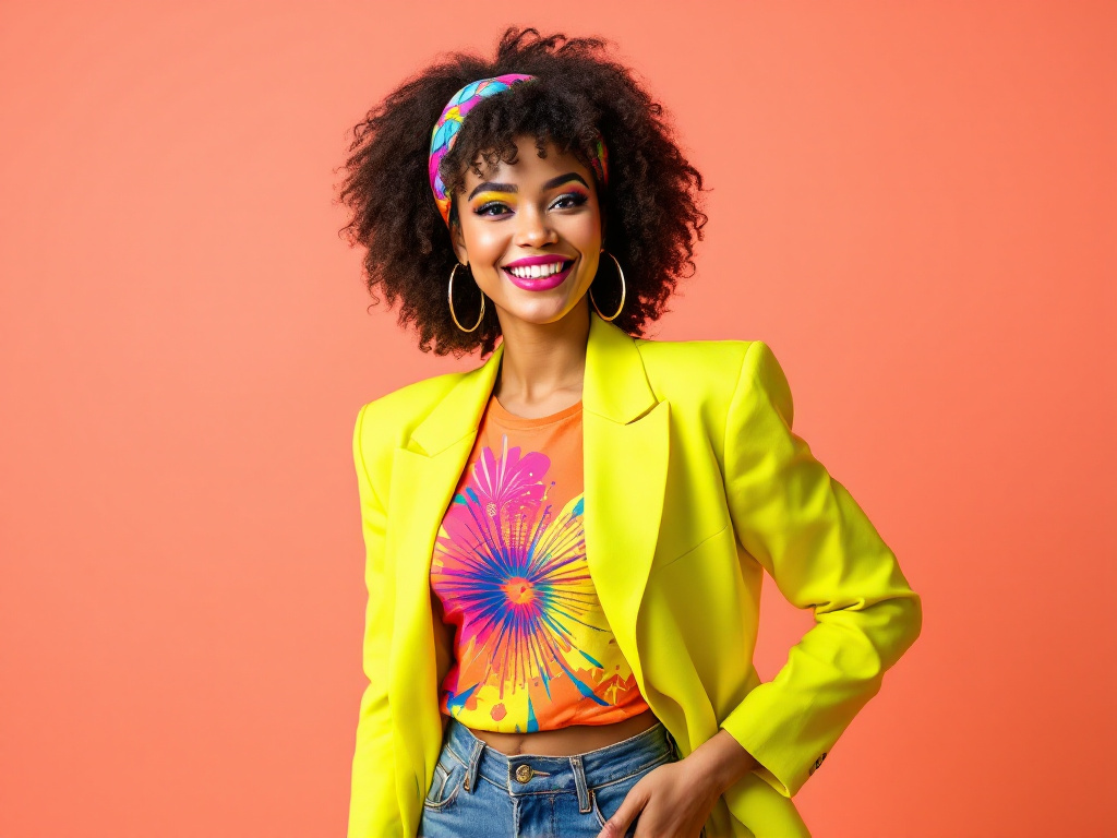 Femme en tenue annees 80 : blazer neon a epaulettes, t-shirt imprime, creoles et bandeau, look soiree retro