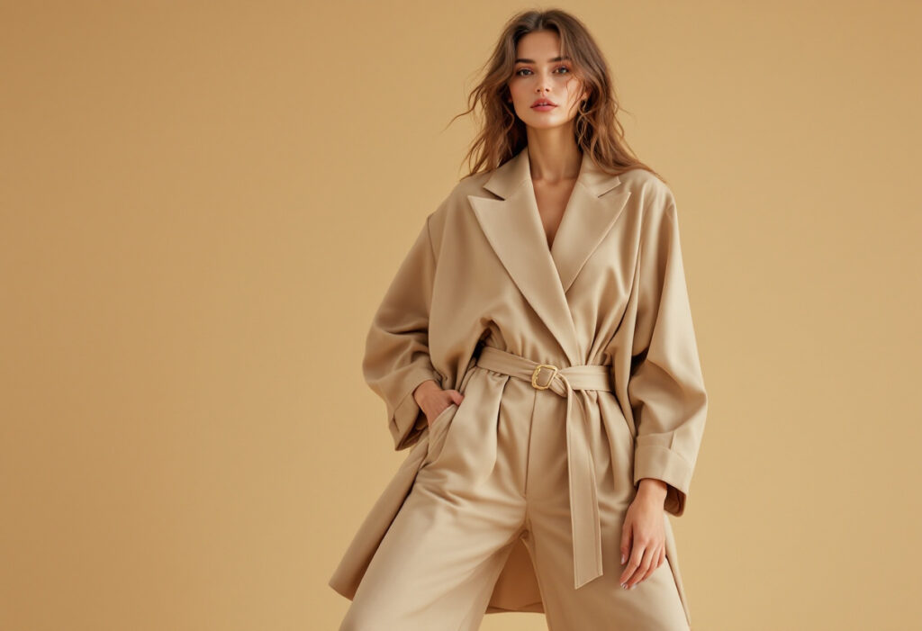Femme en ensemble oversize beige, blazer ample et pantalon large ceintures a la taille