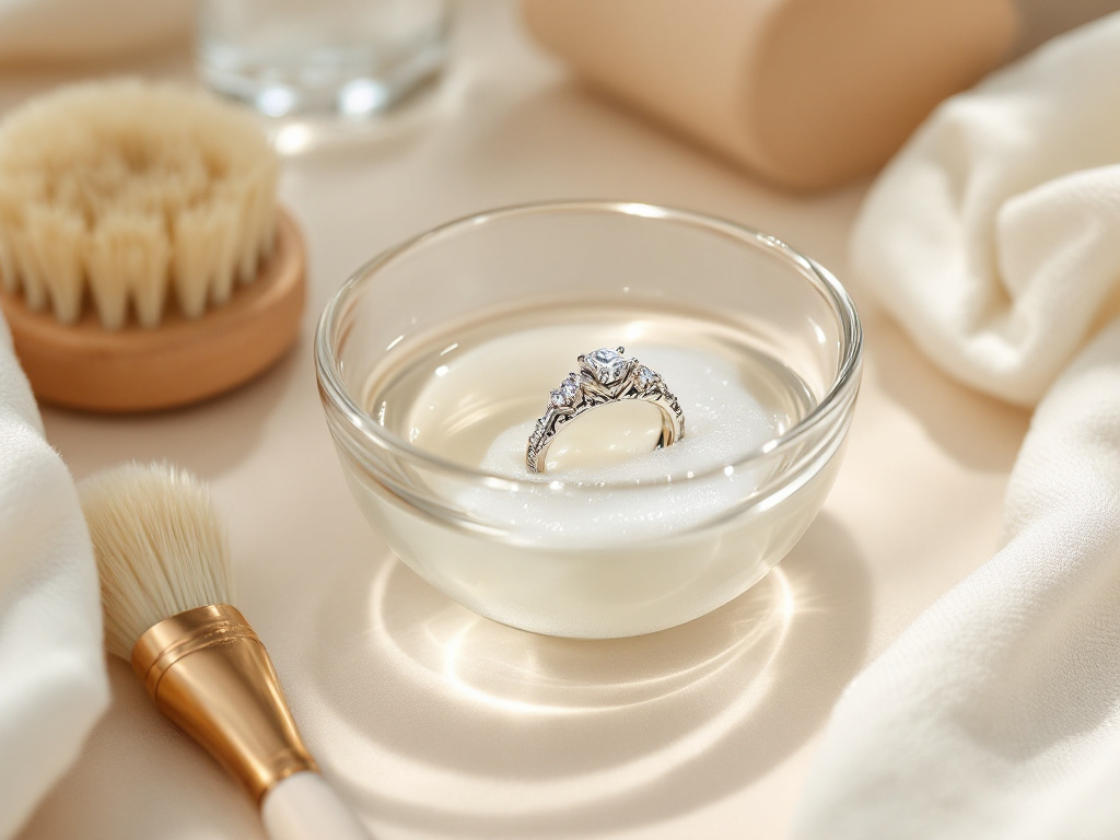Bague diamant trempée dans un bol d'eau tiède savonneuse avec une brosse douce et un chiffon