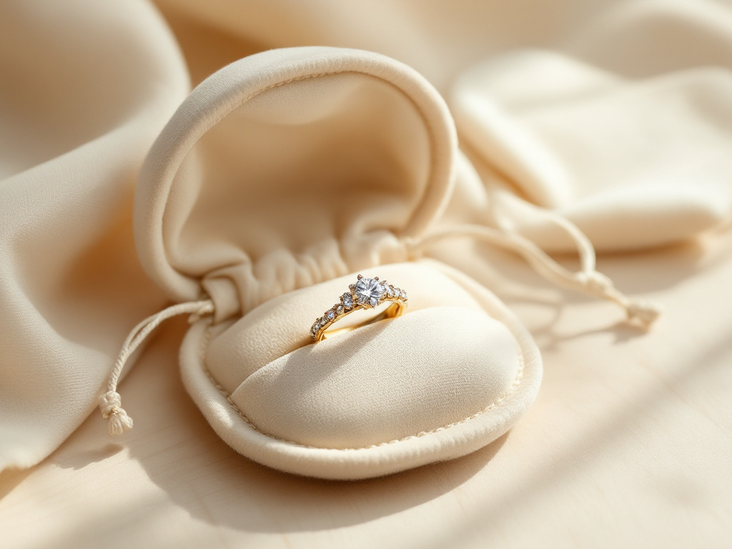 Bague en or blanc et diamant rangée dans une pochette en tissu ivoire
