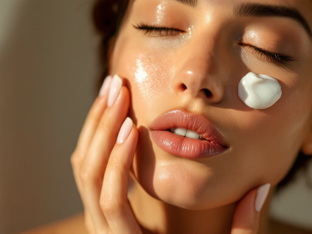 Femme appliquant une crème hydratante sur sa joue, peau lumineuse et nourrie