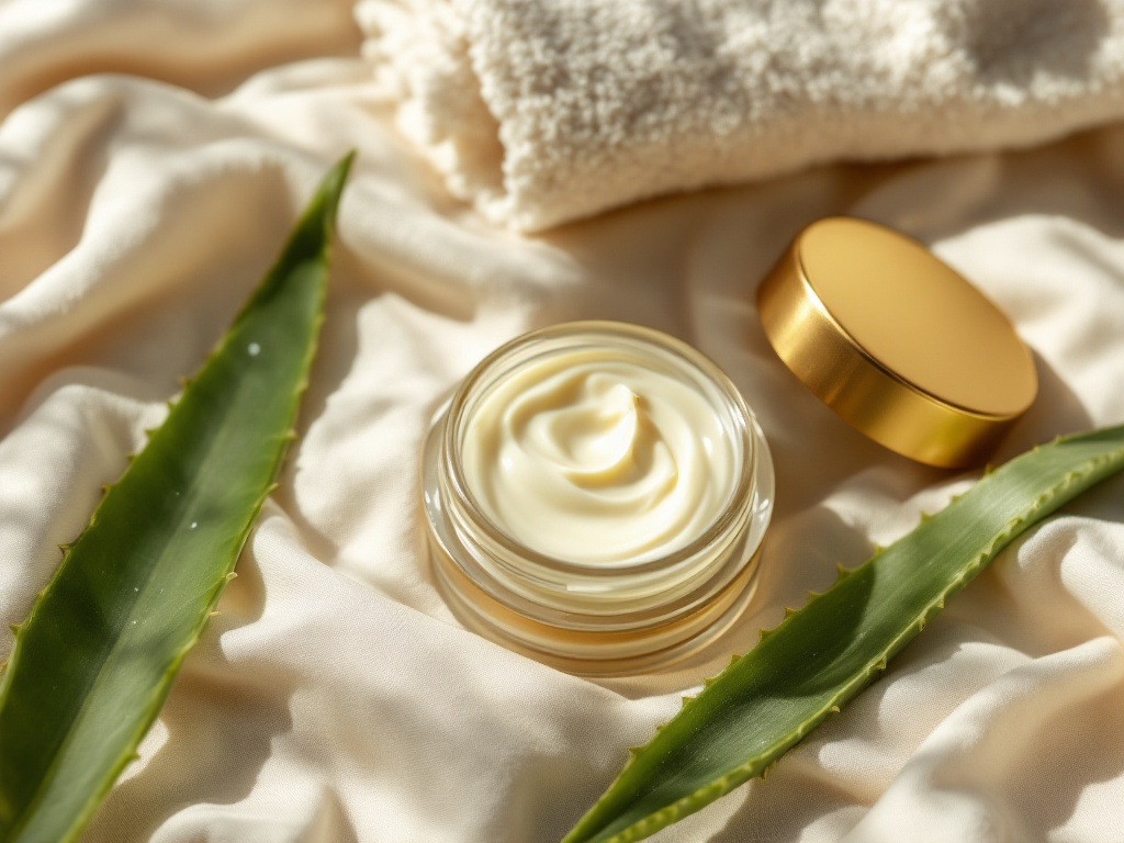 Crème nourrissante avec feuilles d'aloe vera et serviette douce, soin peau sèche