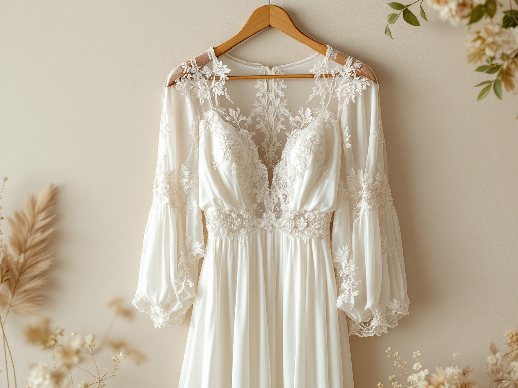 Robe de mariée bohème en dentelle et broderies fleuries sur un cintre en bois