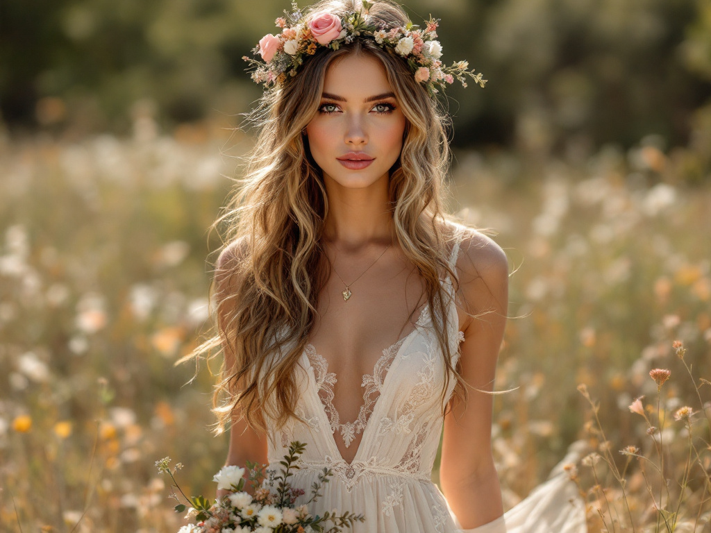 Mariée bohème avec couronne de fleurs et bouquet champêtre, look romantique