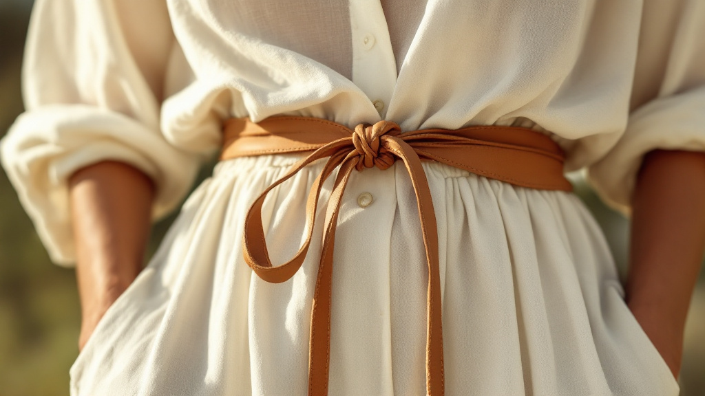 Blouse blanche rentrée dans une jupe longue bohème, ceinture en cuir nouée à la taille