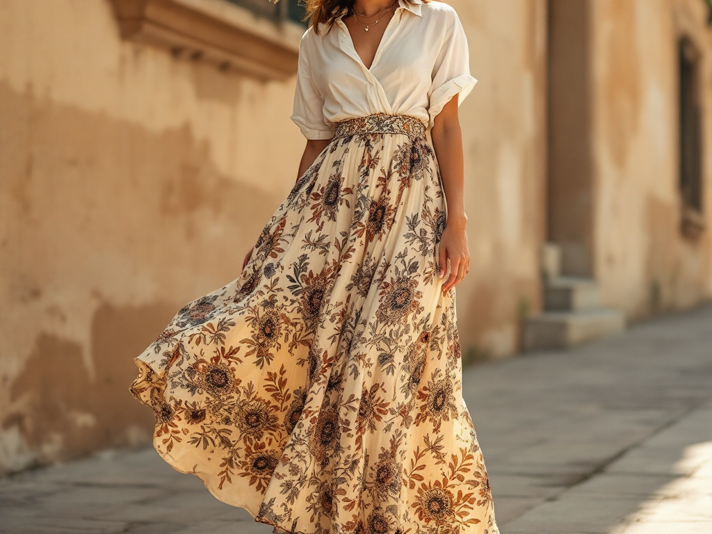 Femme en jupe longue bohème fleurie et blouse blanche, street style boho chic