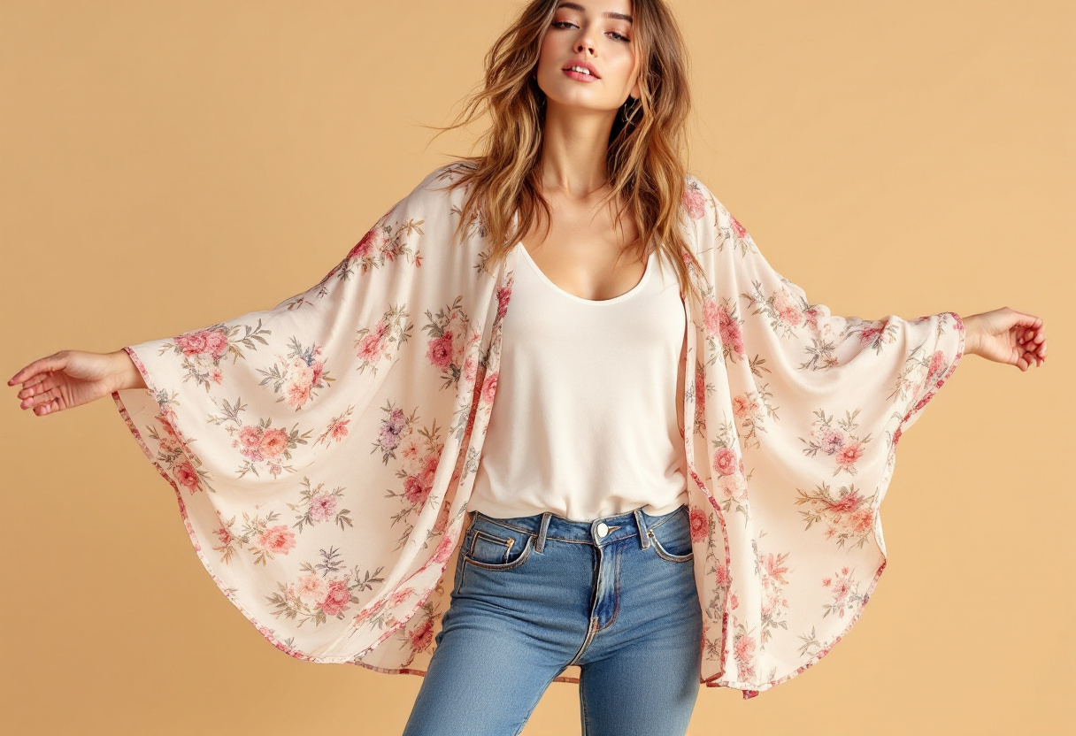 Femme en kimono fluide a imprime floral porte ouvert sur un top uni et un jean