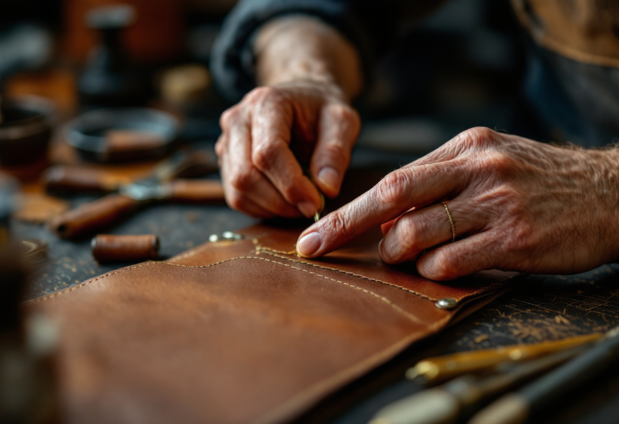 Artisan cousant le cuir à la main dans un atelier de maroquinerie de luxe