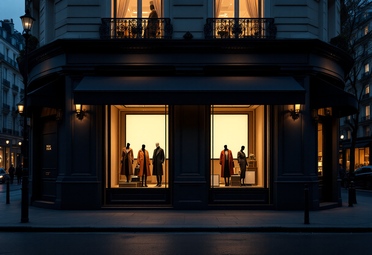 Boutique de mode de luxe sur une avenue parisienne au crépuscule