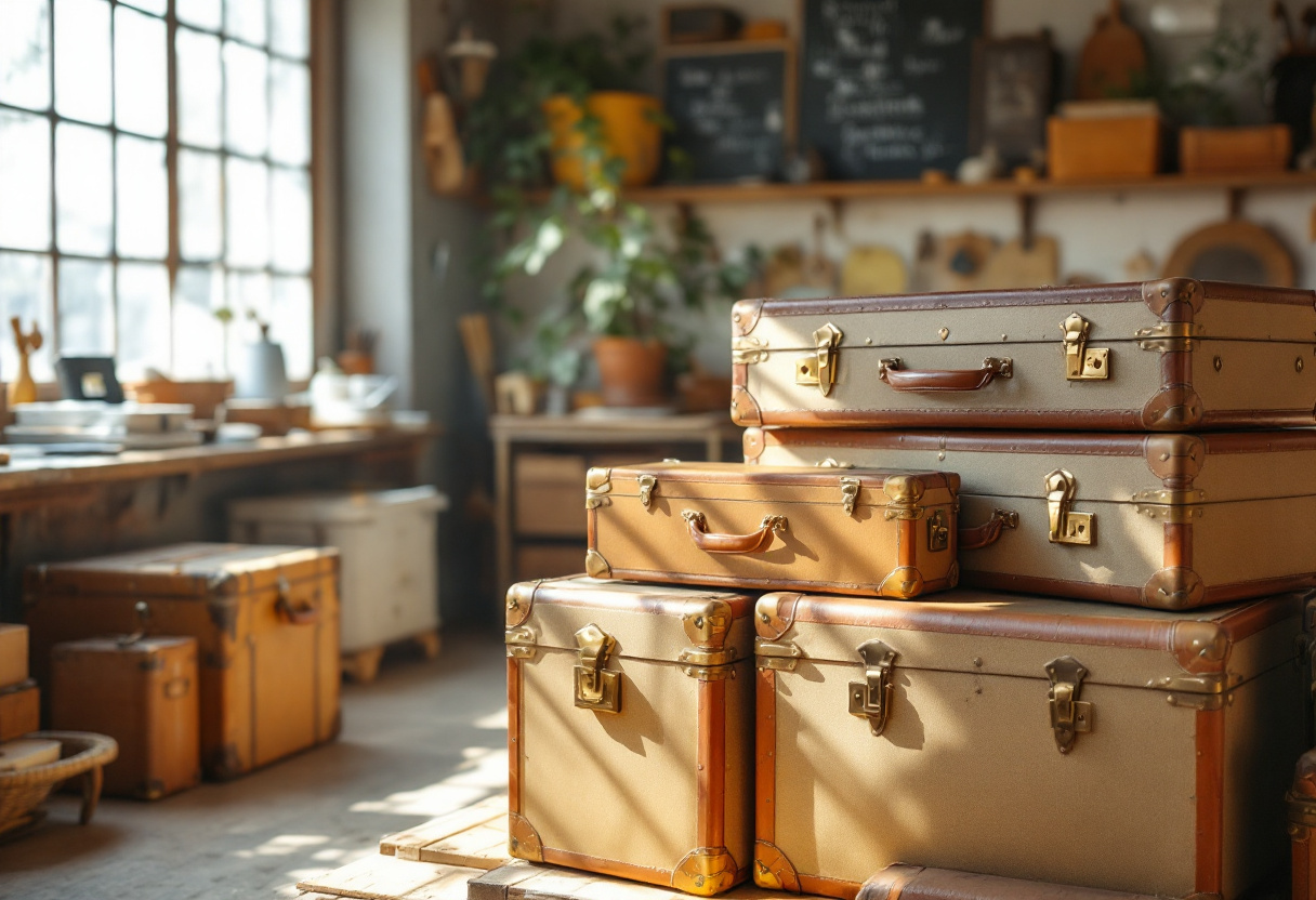 Malles de voyage plates et empilables dans un atelier ancien