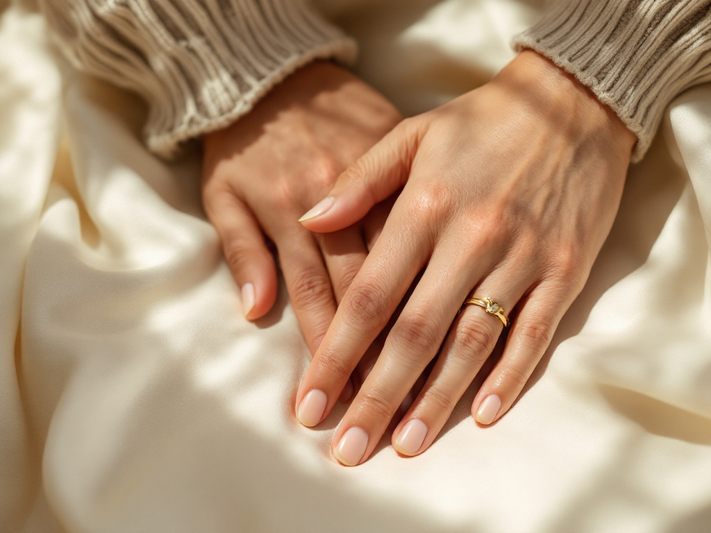 Mains d'un couple marié réunies portant des alliances en or à l'annulaire