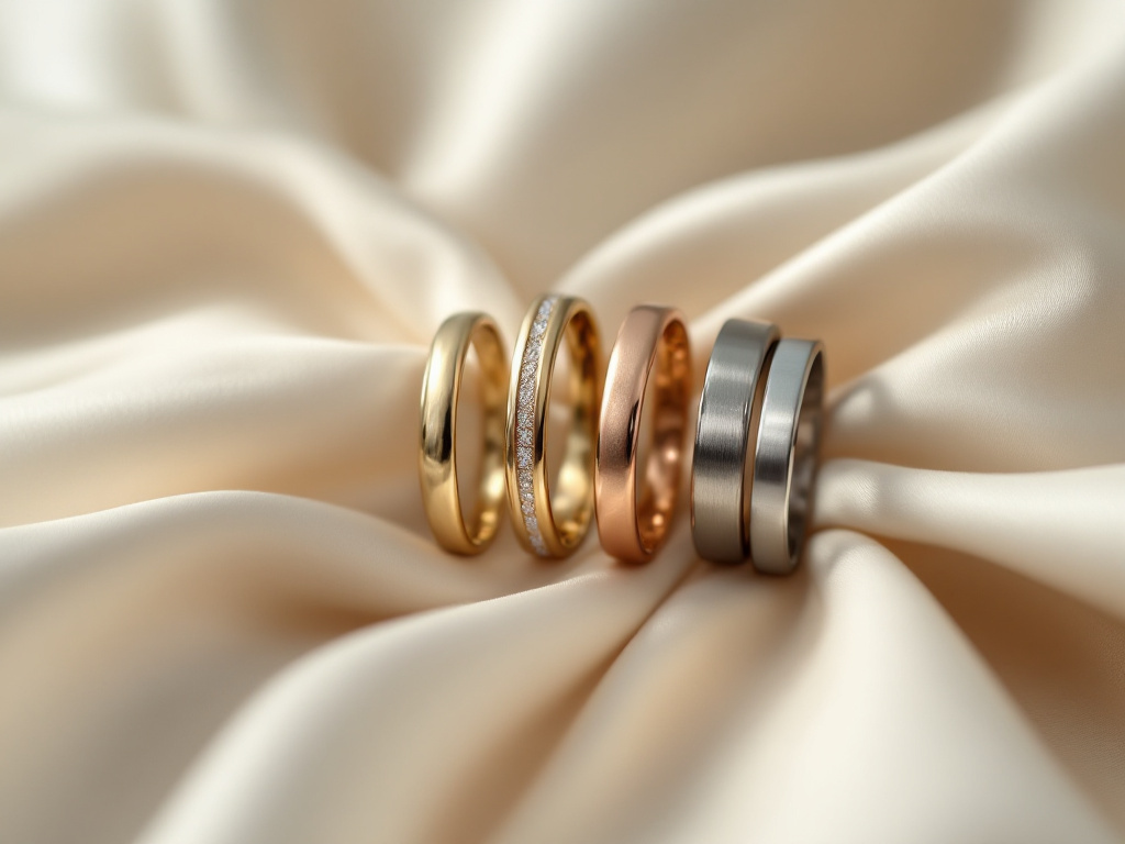 Quatre alliances de mariage en or jaune, or blanc serti, or rose et titane brossé sur du satin ivoire
