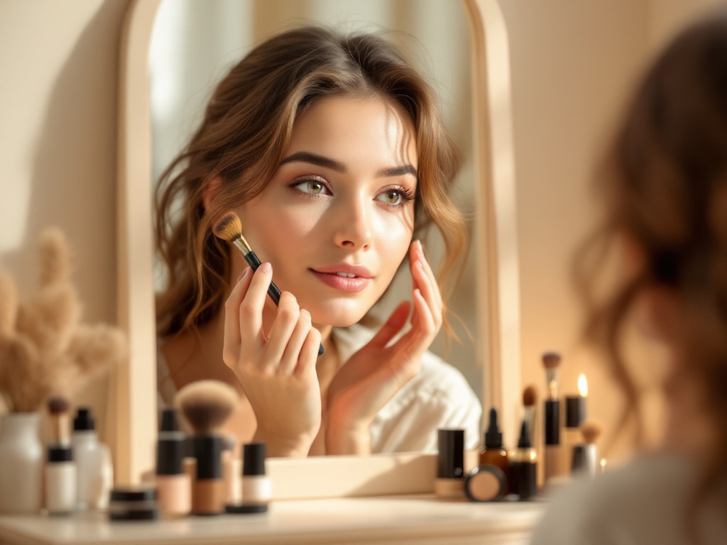 Jeune femme se maquillant au pinceau devant un miroir avec ses produits de maquillage posés sur la coiffeuse