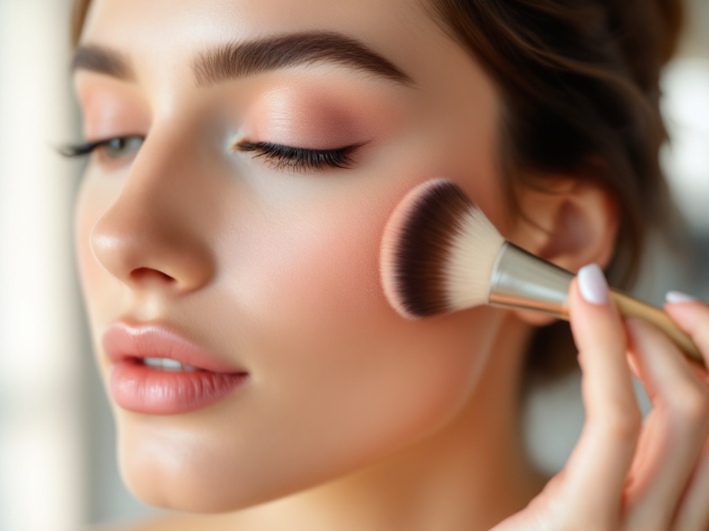 Application du blush au pinceau haut sur la pommette vers la tempe sur un visage rond