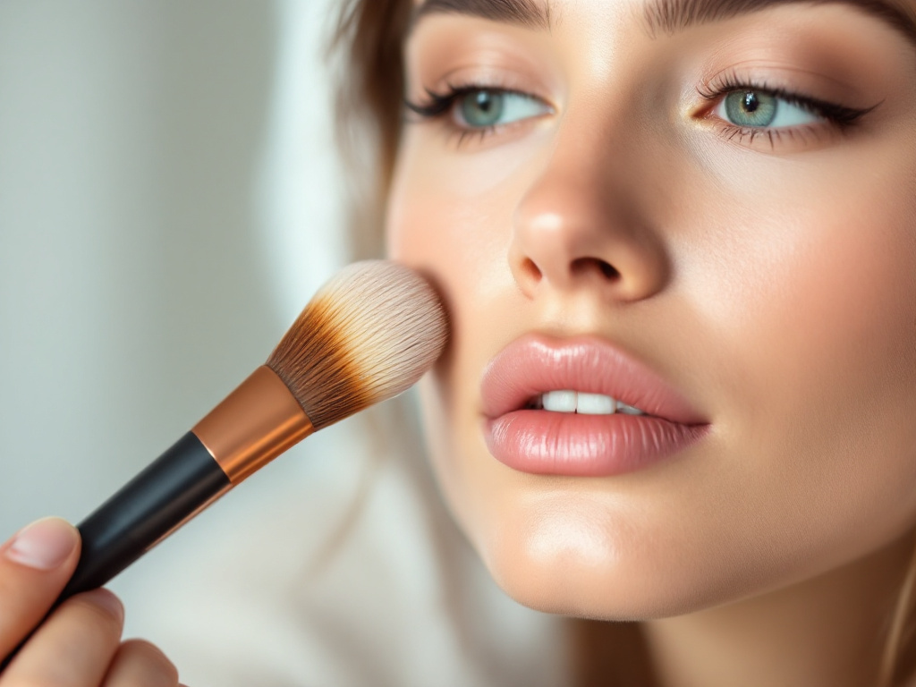 Application au pinceau d un contour creme sous la pommette d un visage rond
