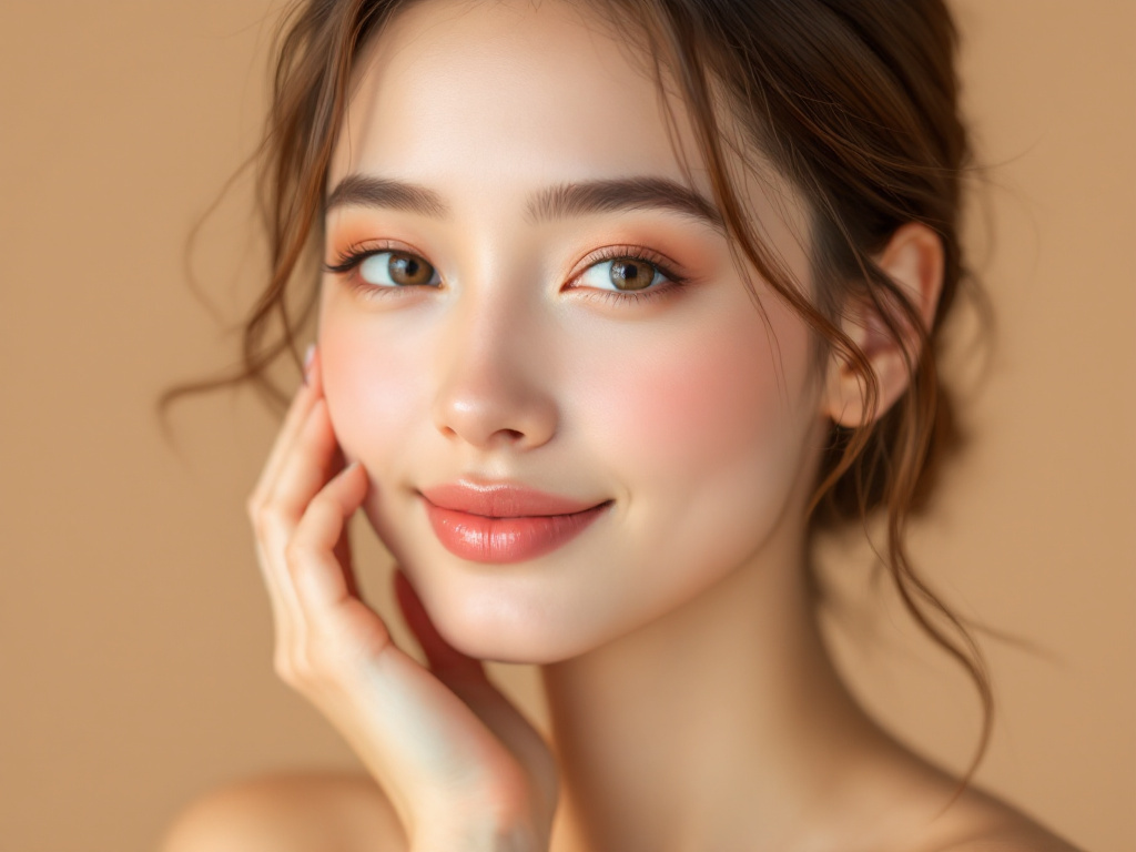 Femme au visage rond avec un maquillage teint naturel et lumineux, contouring doux