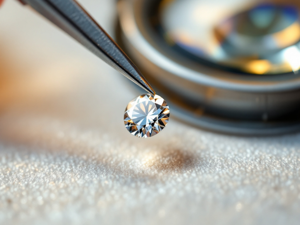 Diamant rond brillant tenu à la pince de bijoutier devant une loupe d'expertise
