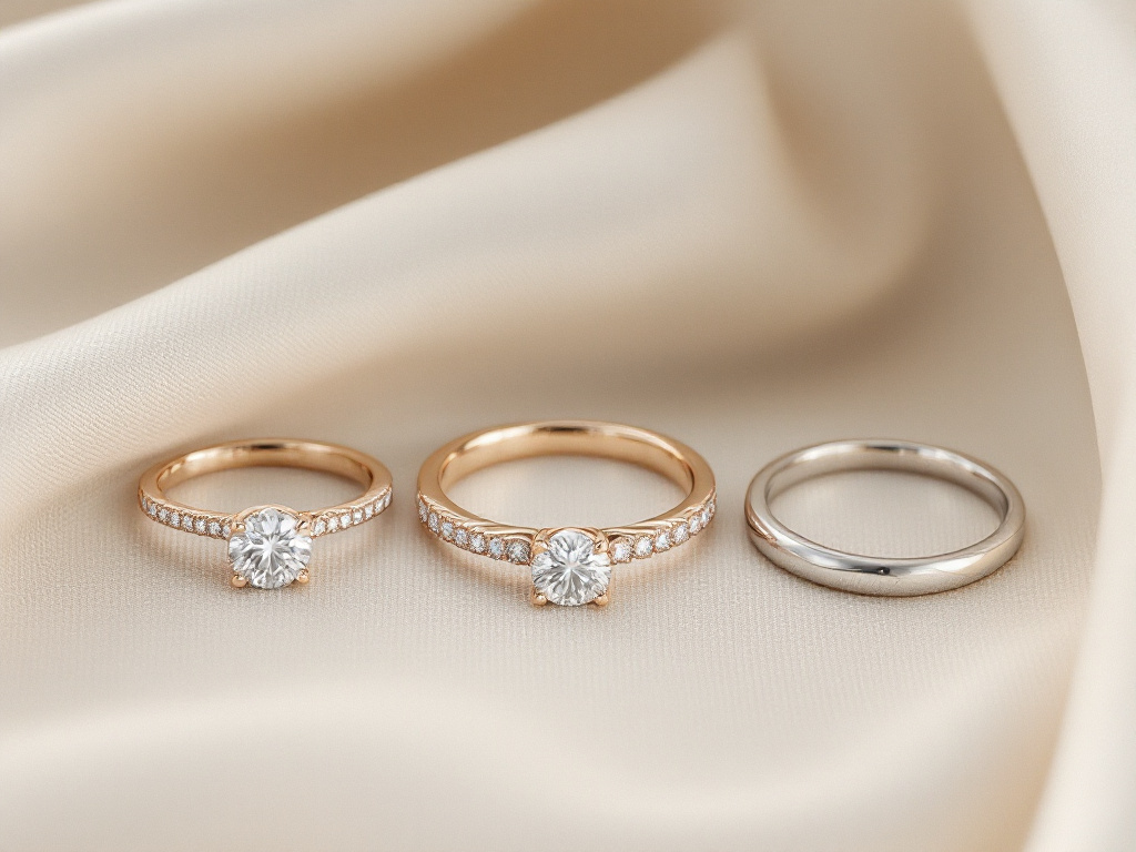 Trois styles d'alliances diamant côte à côte : solitaire, pavé et anneau épuré, sur satin crème