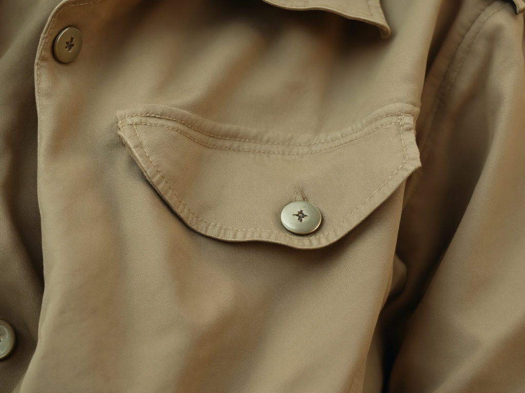 Détails d'une veste militaire : poche à rabat, boutons et tissu kaki texturé