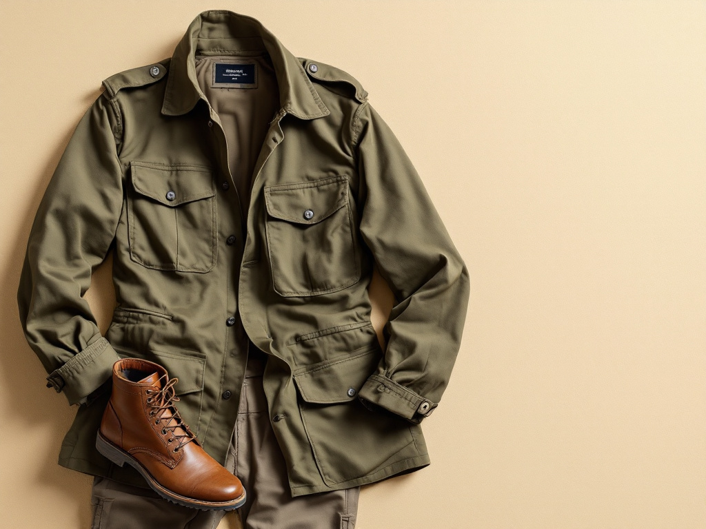 Pièces du style militaire : veste field olive, pantalon cargo kaki et bottines en cuir