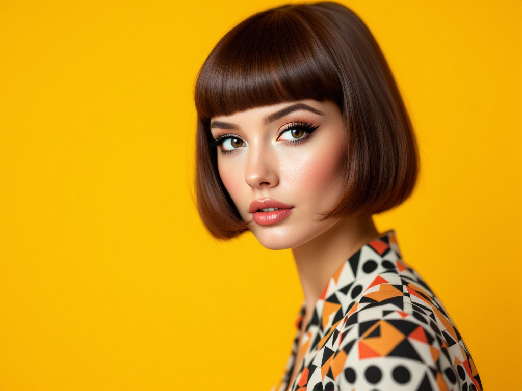 Femme au style mod annees 60 : coupe au bol a frange, eyeliner graphique et haut a motifs geometriques