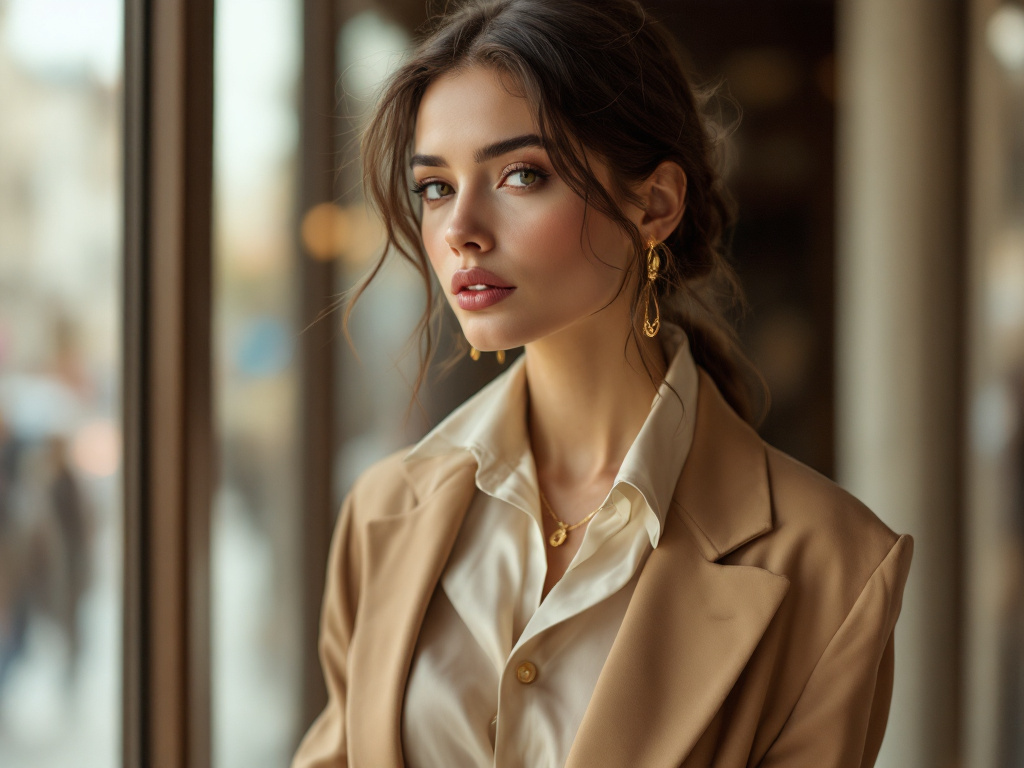 Femme élégante en blazer camel et chemise en soie crème avec bijoux dorés, style chic féminin