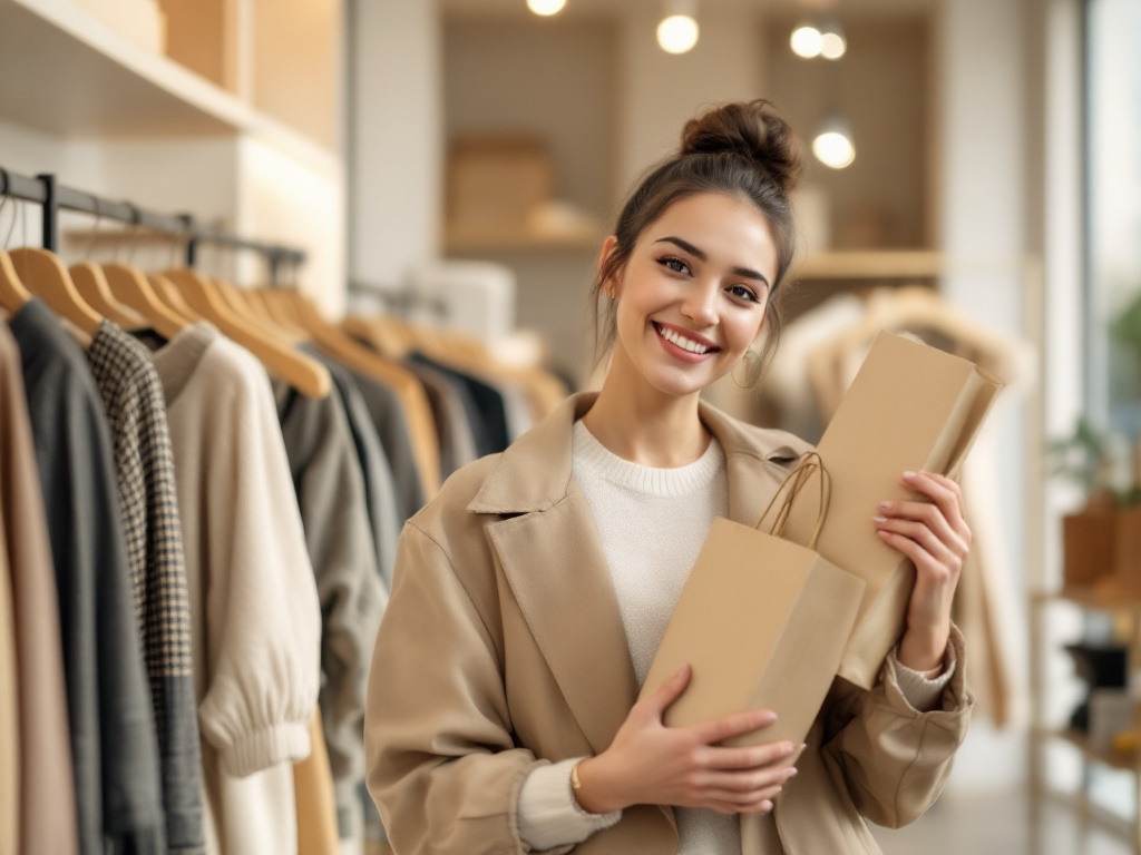 Jeune femme souriante faisant du shopping mode avec des sacs dans une boutique aux tons neutres