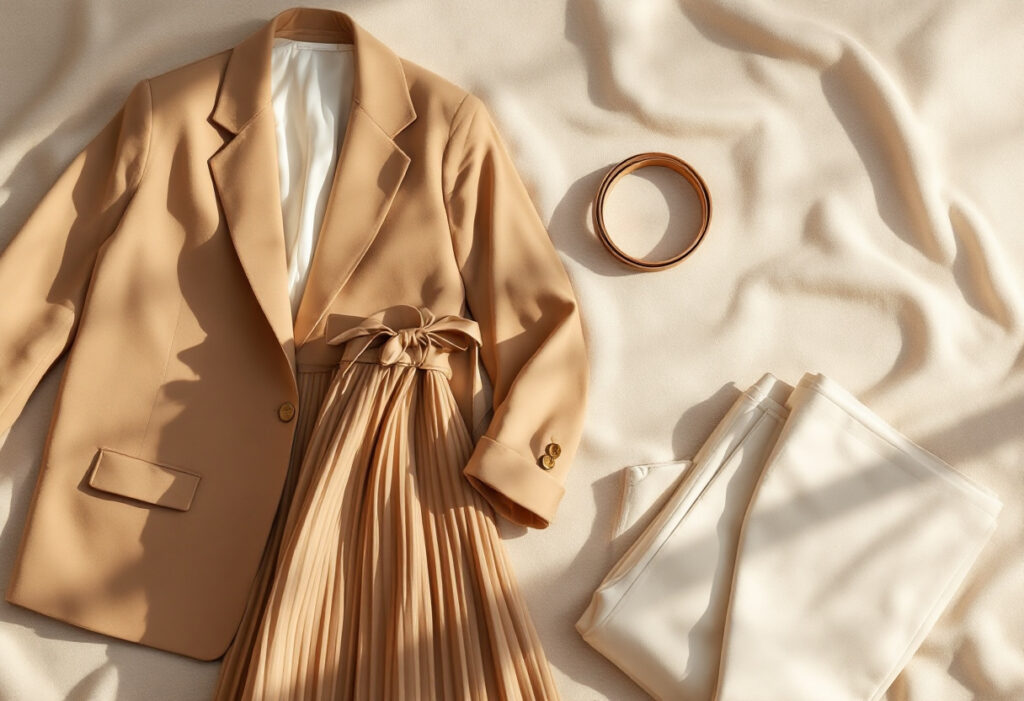 Flat lay de mode féminine camel et crème : blazer, jupe plissée, pantalon taille haute et ceinture