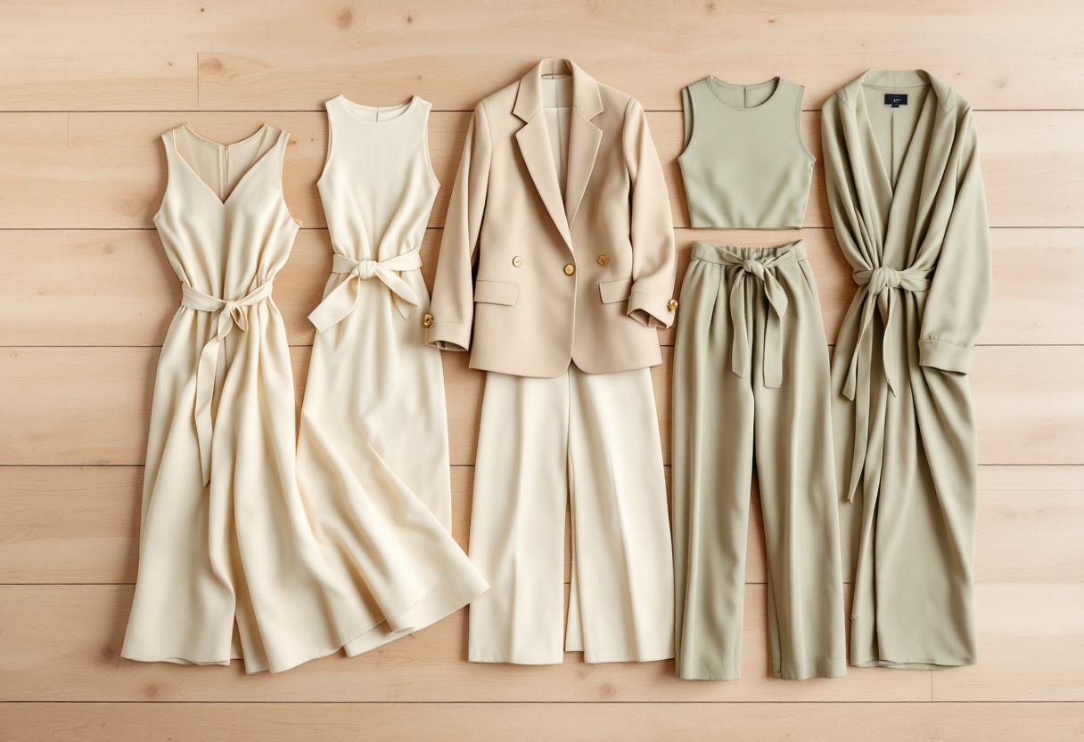 Pièces de vêtements féminins en flat lay : blazer, jupe évasée, ceinture, robe portefeuille et pantalon taille haute