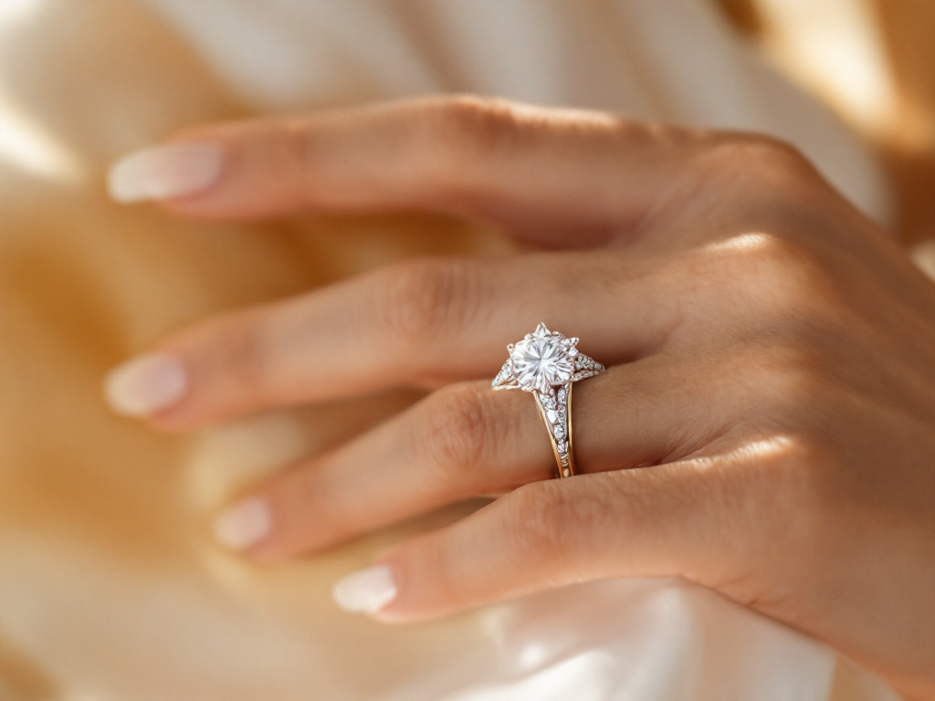 Alliance en or blanc assortie à une bague de fiançailles diamant portée à l'annulaire