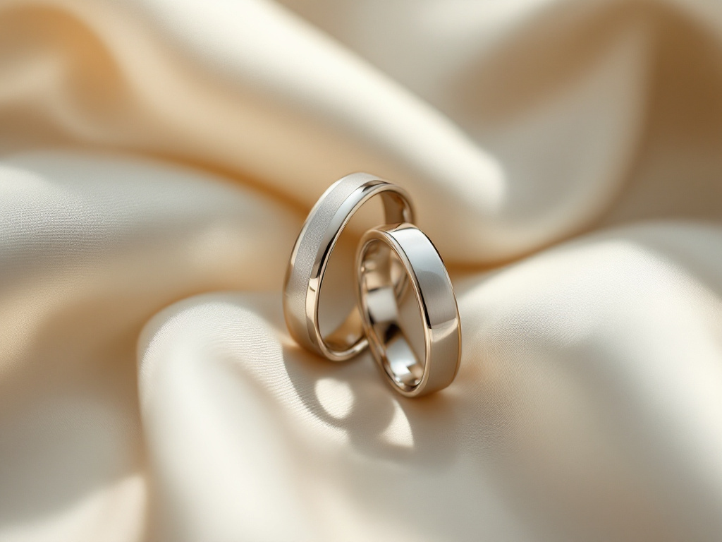Deux alliances de mariage en or blanc, l'une satinée l'autre polie, posées sur de la soie ivoire