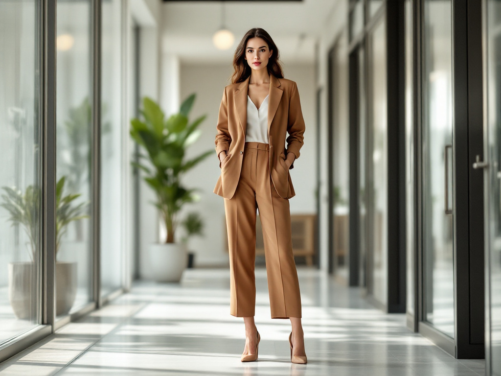 Femme en pantacourt camel avec un blazer structuré et des escarpins dans un bureau lumineux