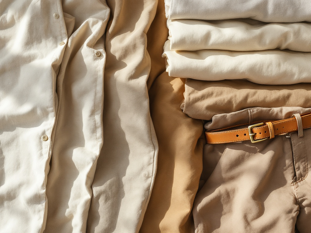 Pantacourts pliés en lin, coton et denim dans des tons beige et camel avec une ceinture en cuir
