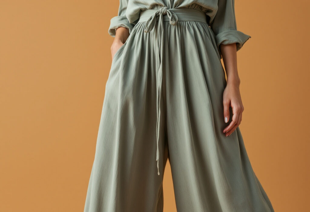 Femme en pantalon boheme large et fluide avec une blouse rentree, style boheme chic