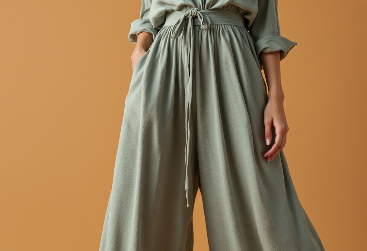 Femme en pantalon boheme large et fluide avec une blouse rentree, style boheme chic