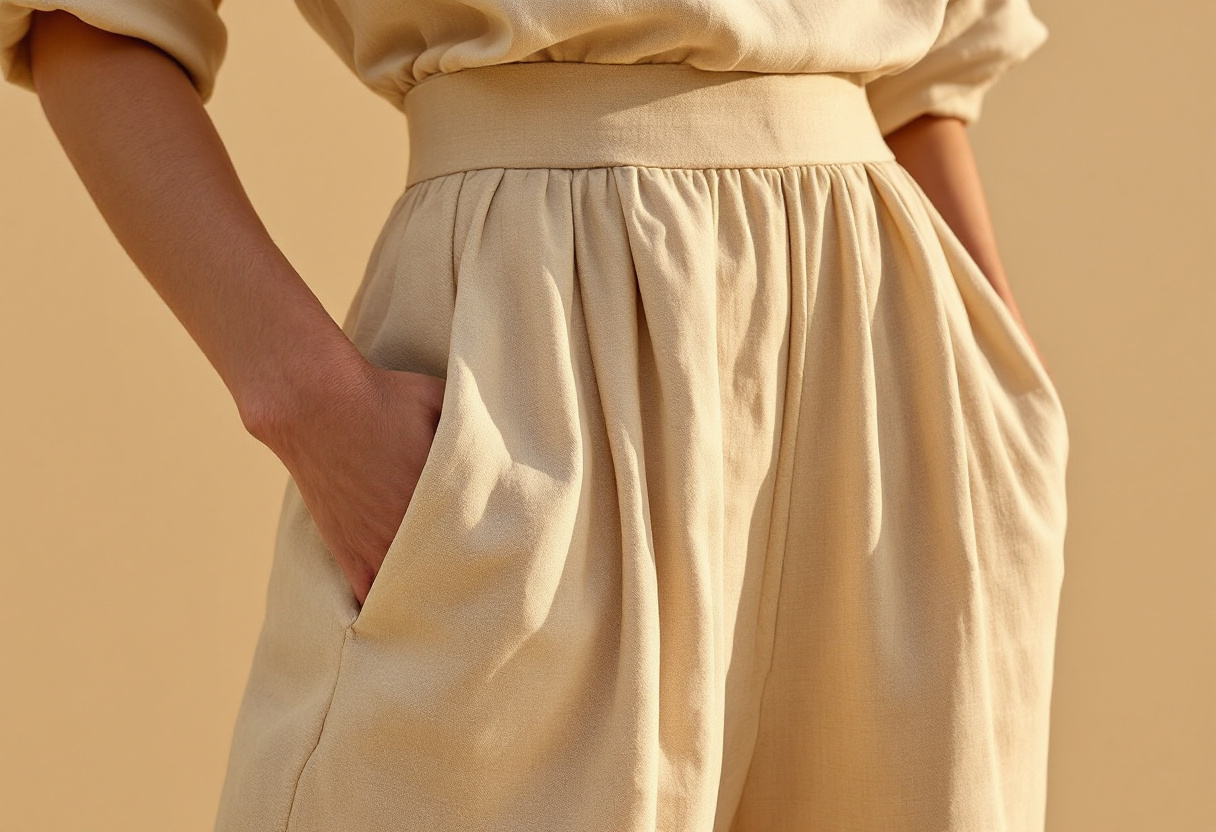 Detail des plis et de la jambe large d un pantalon japonais en lin naturel